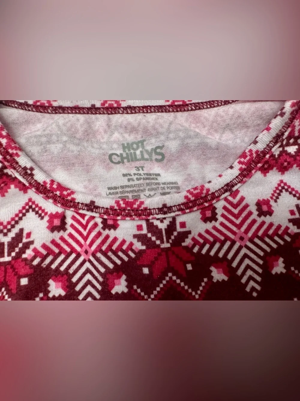 Hot Chillys girl’s print baselayer pajama sets.  Size 3T.